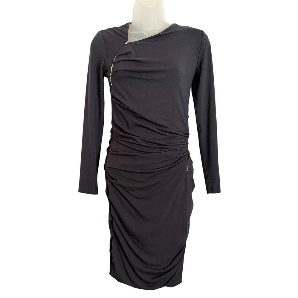 Maje Navy Blue Rouage Zipper Detail Ruched Asymmetric Bodycon Mini Dress Sz M/2